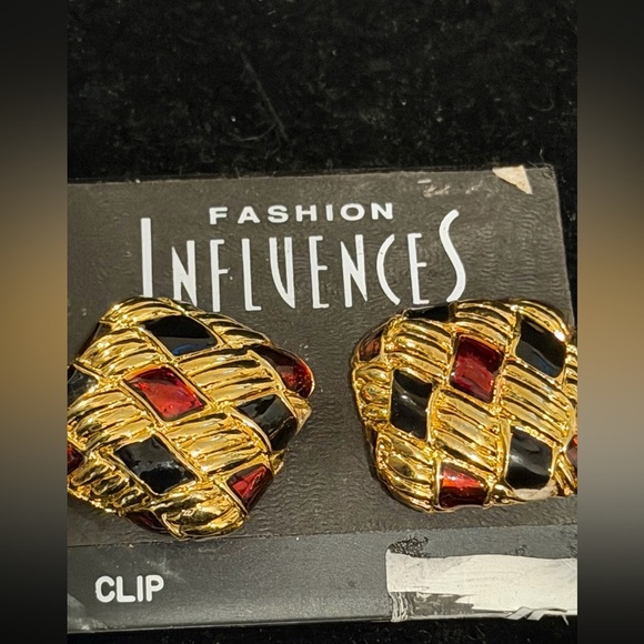 Accessories - Gold Tone Clip-On Earrings with Red and Black Inlay